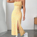 Daisy Print Square Neck Ruched Bust High Slit Midi Dress