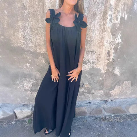 Bow Shoulder Strap Scoop Neck Loose Fit Pocket Maxi Dress