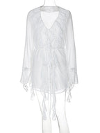 White Ruffled Sexy Mini Dress Women's Lace-Up See-Through Long Sleeve Fashion V-Neck Party Dress Female Bandage Mini Dress