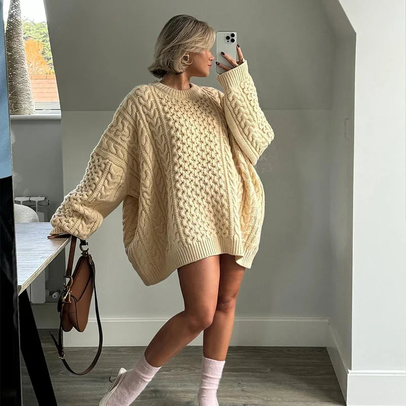 Oversized Knit Twist Pullovers Women Loose Lazy O-Neck Long Sleeve Solid Sweaters Female Autumn New Casual Street Knitwear