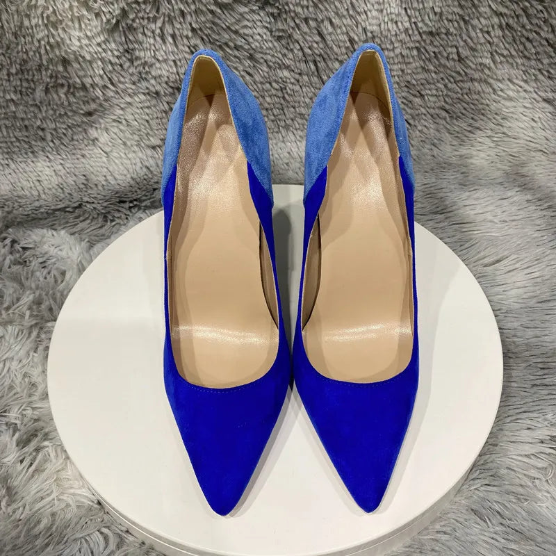 Blue Women Synthetic Suede Pointy Toe High Heel Party Dress Shoes - Contrast
