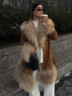 Suede And Fur Luxury Coat Women Plush Double Breasted Chic Turn-down Collar Belts Thick Outerwear Vintage Warm Feather Overcoat