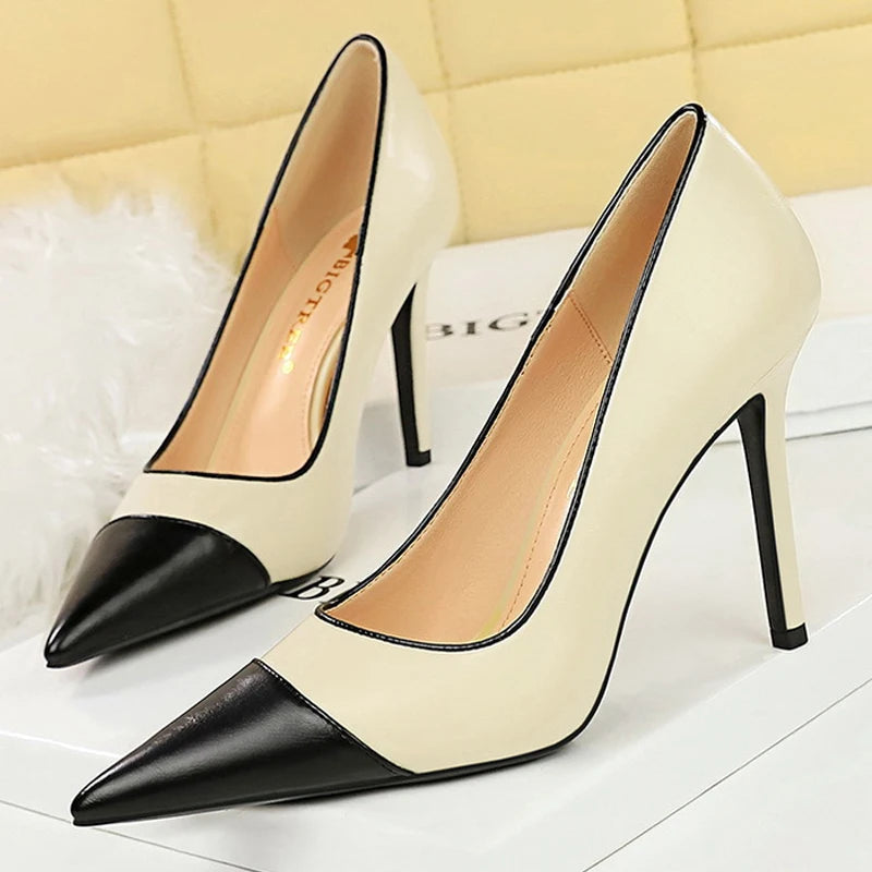 Khaki Women Pumps Mixed Colors Pointed High Heels Pu Leather Shoes