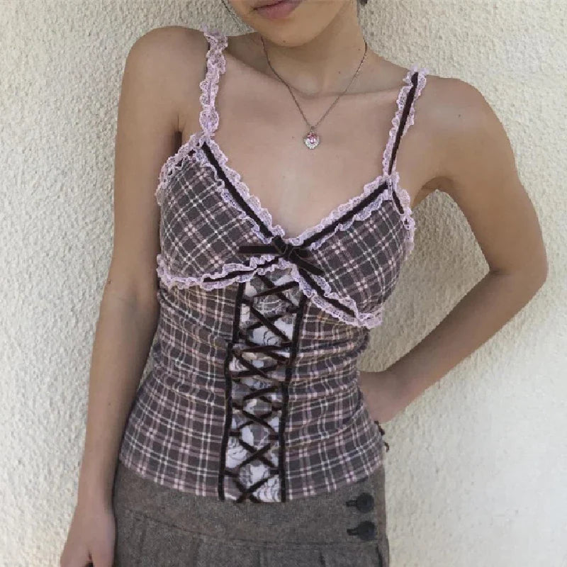Patchwork Plaid Lace V-neck Cami Top