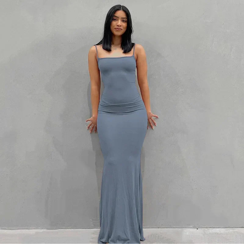 Ribbed Knit Spaghetti Strap Scoop Neck Mermaid Hem Maxi Dress