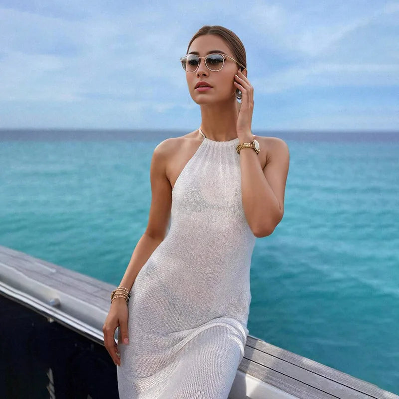 Glitter Knit Halter Backless High Slit Column Maxi Dress