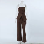Vintage Solid Pants Sets Women Summer Off Shoulder Lace-up Tube Top+Wide Leg Trouser 2025 New Fashion Simple Elegant 2 Piece Set