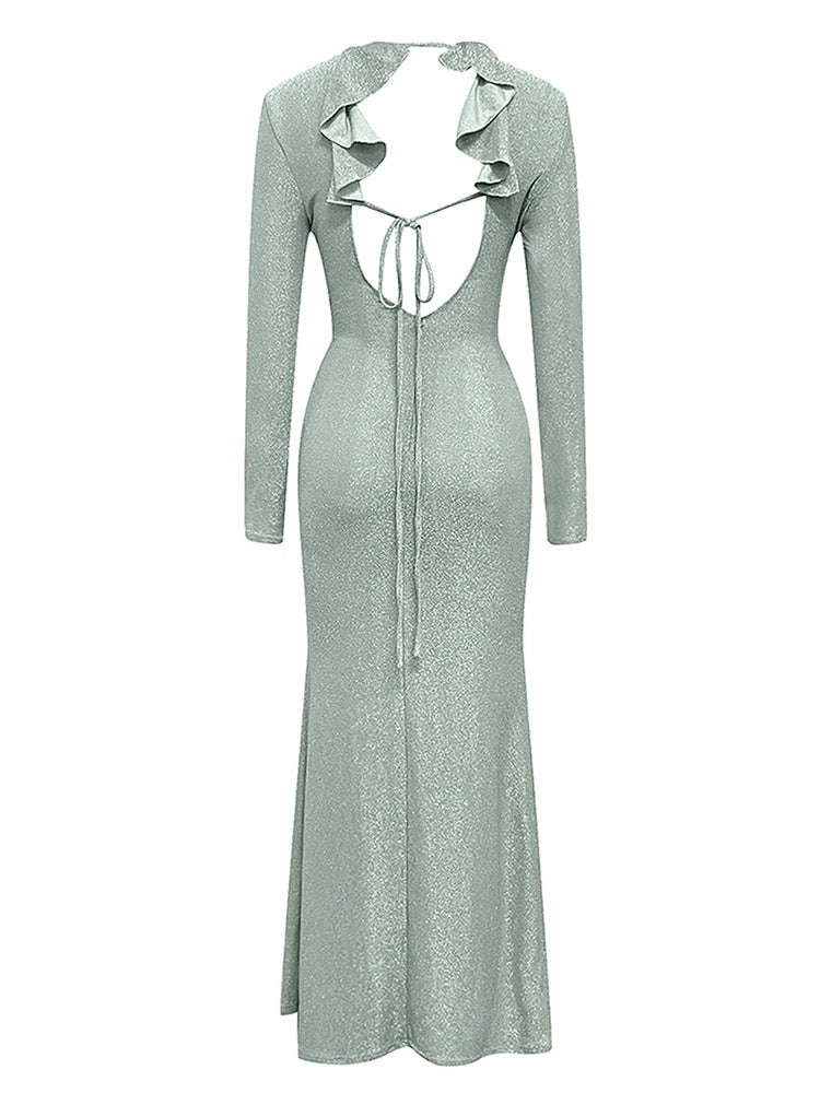 Lace-up Backless Long Sleeve Maxi Dress