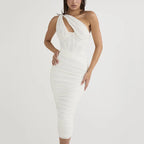 One Shoulder Keyhole Cut Out Corset Seam Ruched Bodycon Midi Dress