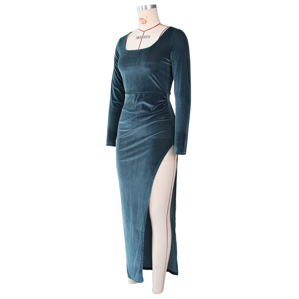 Square Neck Ruched Waist High Slit Long Sleeve Maxi Dress