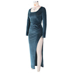 Square Neck Ruched Waist High Slit Long Sleeve Maxi Dress