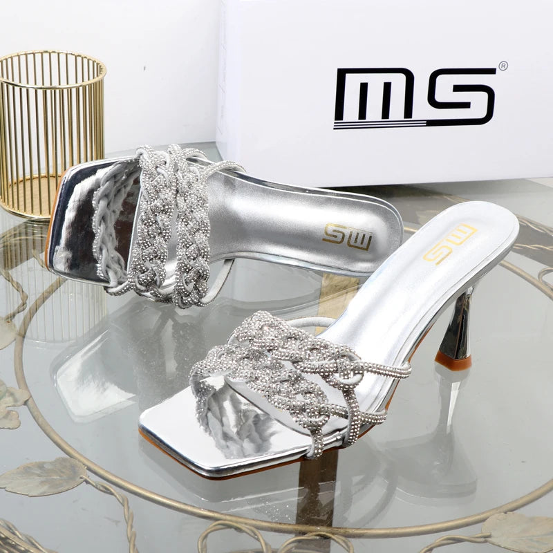 Autumn new rhinestone stiletto sandals with hollow out design