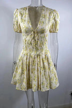 Short Sleeve Deep V Neck Pleated A-Line Mini Dress