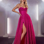 Spaghetti Strap Sweetheart Draped Corset Glitter High Split Maxi Gown
