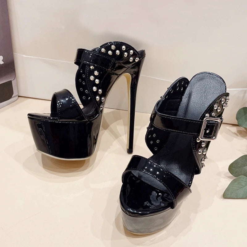 Metal Rivet Super High Heel Platform Slippers for Women Fashion