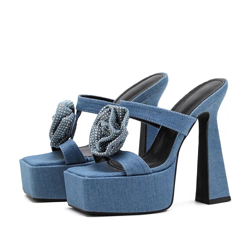 Denim CRYSTAL Flower Women Slippers with Summer Design and Peep Toe Square Heels