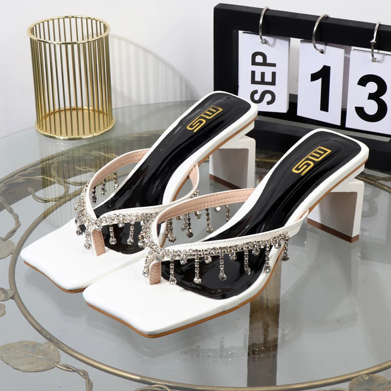 Rhinestone chain clip toe sandals with thick sole