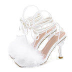 Fluffy Feather High Heel Ankle Strap Sandals for Women