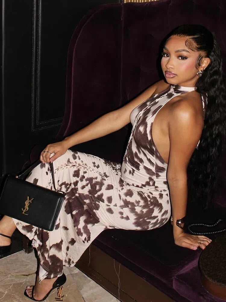 Cow Print Halter Lace Up Ruched Bodycon Maxi Dress