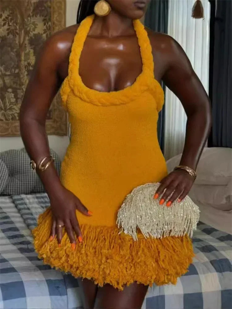 Halter Neck Braided Trim Textured Knit Fringe Hem Mini Dress