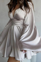 Deep V Neck High Waist Flare Sleeve Mini Dress