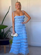 Pointelle Knit Spaghetti Strap Tiered Ruffle Trim Maxi Dress