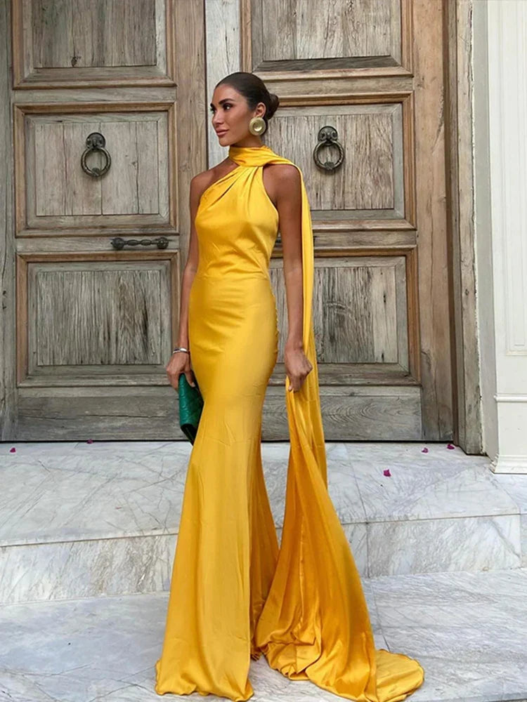 Satin Halter Neck Draped Sash Panel Column Maxi Dress