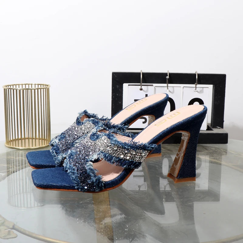 Rhinestone high-heeled slippers