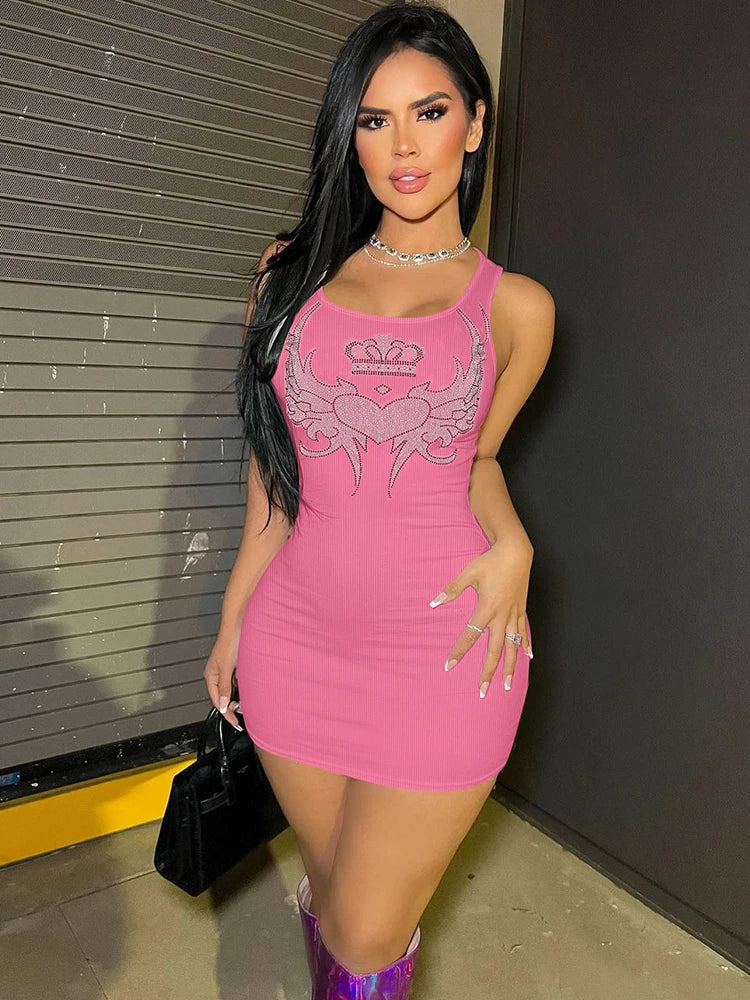 Scoop Neck Ribbed Knit Rhinestone Crown Heart Graphic Mini Dress
