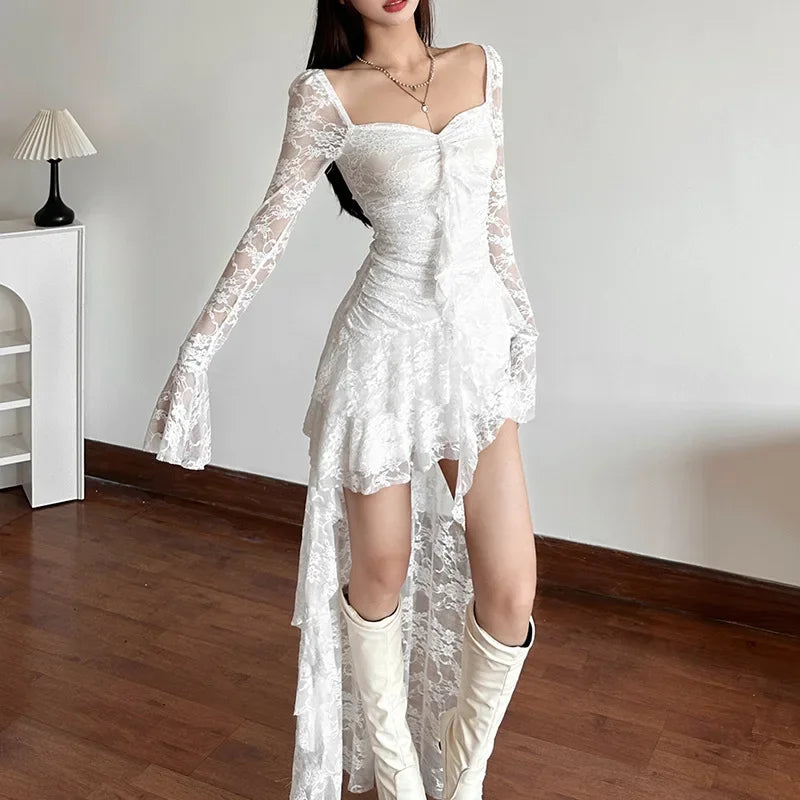 Lace Sweetheart Ruched Bodice Bell Sleeve High Low Asymmetrical Hem Dress