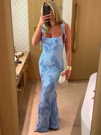 Crew Neck Floral Embroidery Sheer Bell Sleeve Bodycon Mini Dress