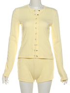 Leisure Stretch 2-Piece Set Women Single-Breasted Long Sleeves o-Neck Blouse+Basis Shorts Simple Classic Street Suits