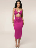 Ring Link Halter Midriff Cut Out Twist Front Bodycon Midi Dress