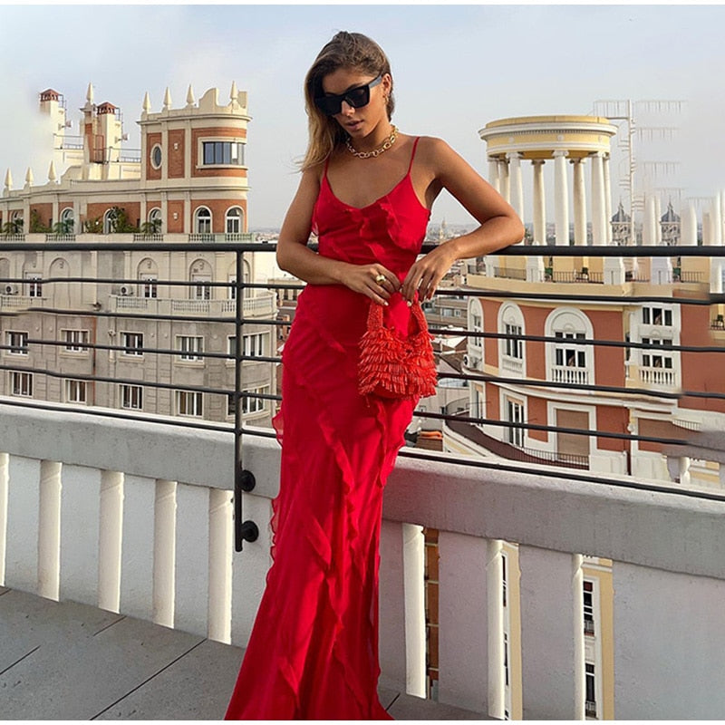 Deep V-Neck Spaghetti Strap Diagonal Tiered Ruffle Maxi Dress