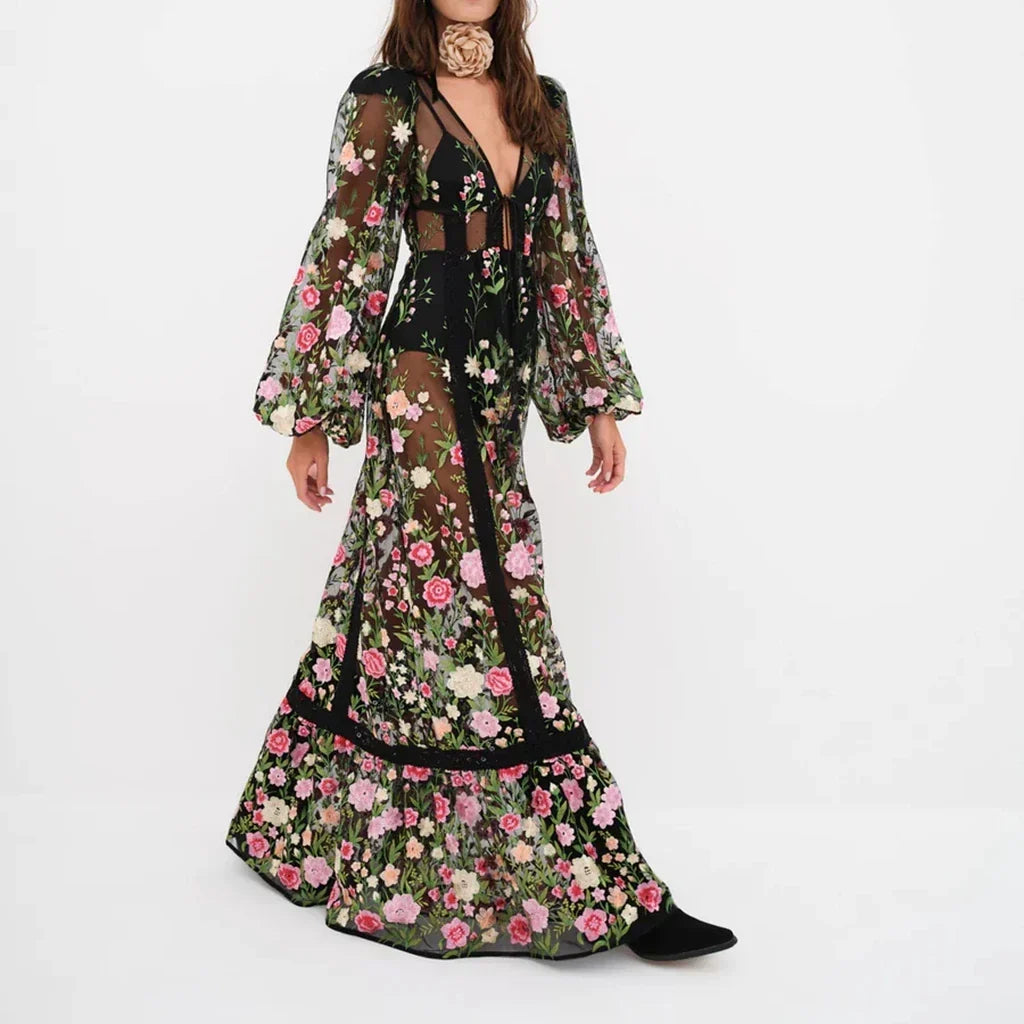 Sheer Floral Embroidered Bishop Sleeve Lace Trim Tiered Maxi Dress
