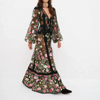 Sheer Floral Embroidered Bishop Sleeve Lace Trim Tiered Maxi Dress