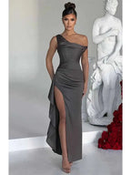One Shoulder Ruched Draped Satin High Slit Bodycon Maxi Dress