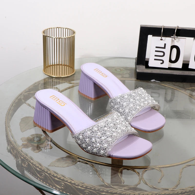 Rhinestone Slippers - Summer Fashion with Thick High Heel for Women