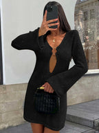 Deep V Ring Hardware Keyhole Metallic Knit Bell Sleeve Mini Dress