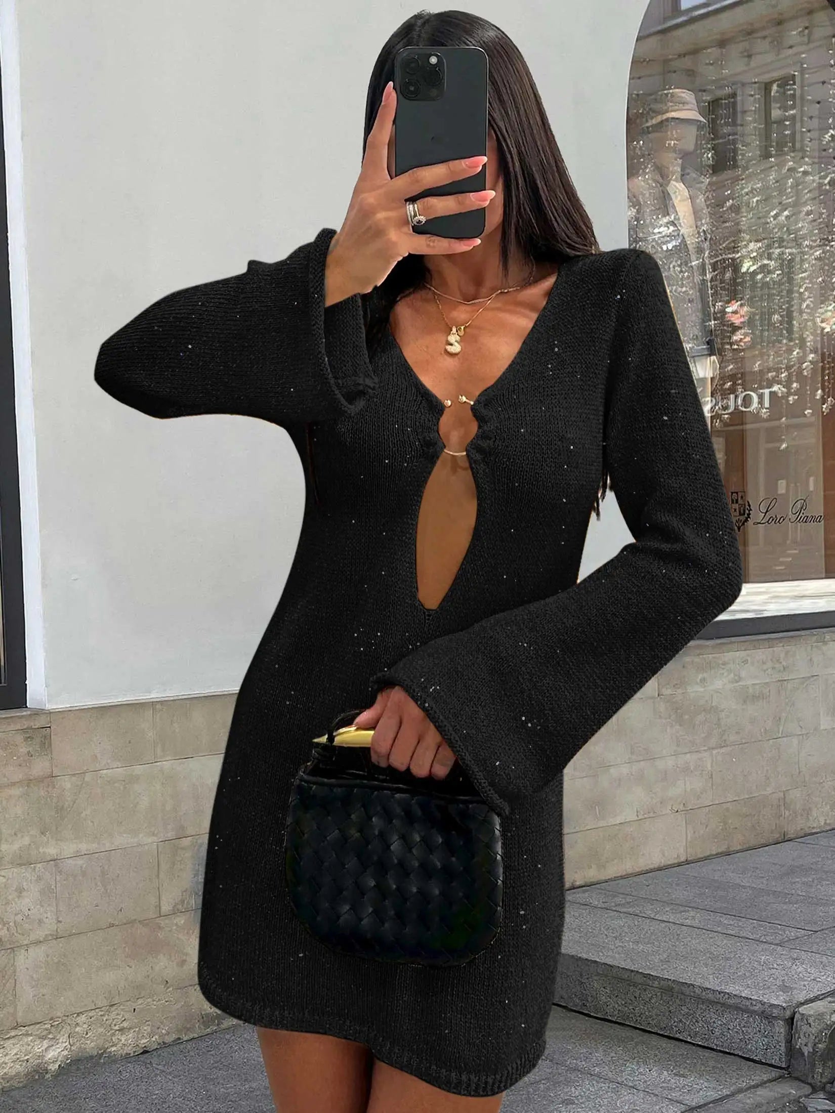 Deep V Ring Hardware Keyhole Metallic Knit Bell Sleeve Mini Dress