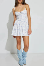Printed Mini Dress with Spaghetti Straps and Tie-Up Detail