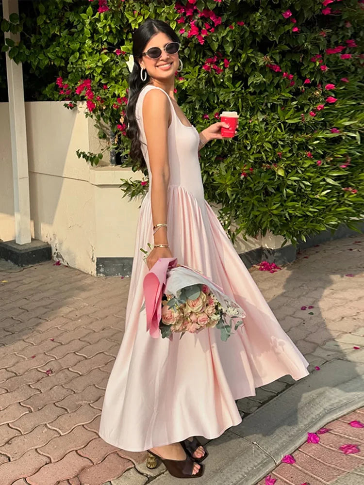 Square Neck Drop Waist Pleated Gathered Skirt Midi Dress