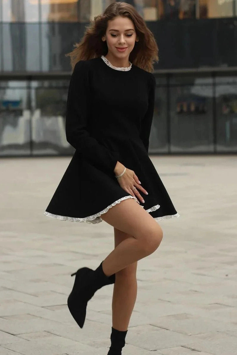 Slim Patchwork High Waist Lace Long Sleeve Mini Dress
