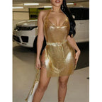 Metallic Chainmail Cowl Neck Halter Side Slit Mini Dress