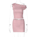 Polka Dot Printed Off One Shoulder Tank Top Mini Skirt Set Women Slash Neck Crop Vest Short Skirt Suit Hottie Y2K Outfit