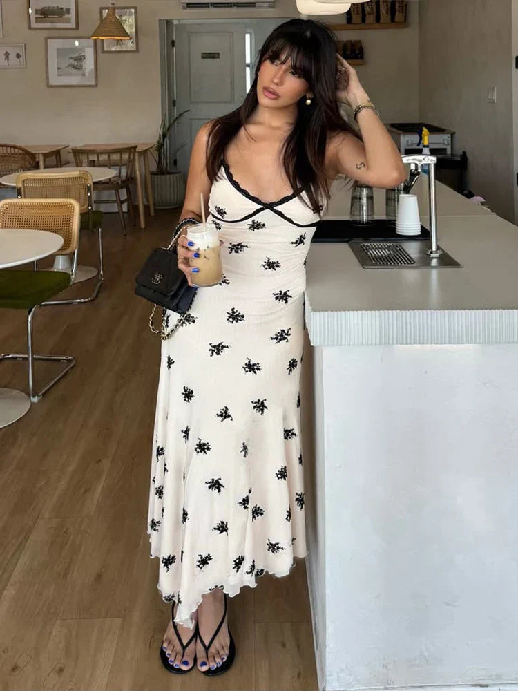Ditsy Floral Print Lace Trim Deep V-Neck Spaghetti Strap Lettuce Hem Slip Maxi Dress