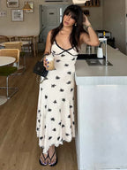 Ditsy Floral Print Lace Trim Deep V-Neck Spaghetti Strap Lettuce Hem Slip Maxi Dress