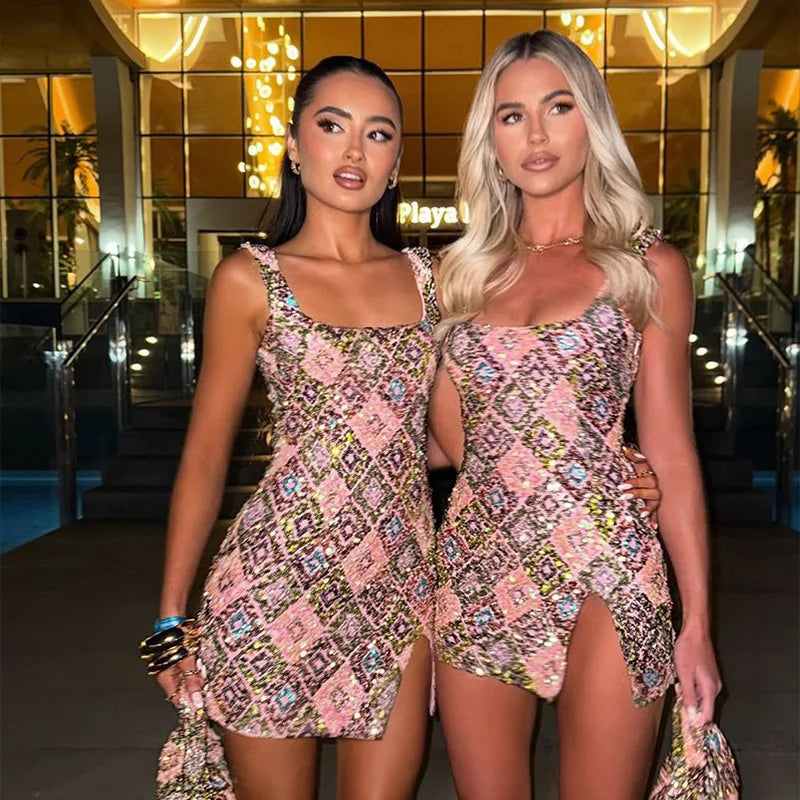 Sequin Diamond Pattern Square Neck Tank Strap Bodycon Mini Dress