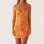 V-Neck Spaghetti Strap Floral Embroidered Beaded Fringe Mesh Mini Dress