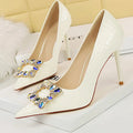 Metal Water Drill Buckle Woman Pumps Textured Patent Leather High Heels